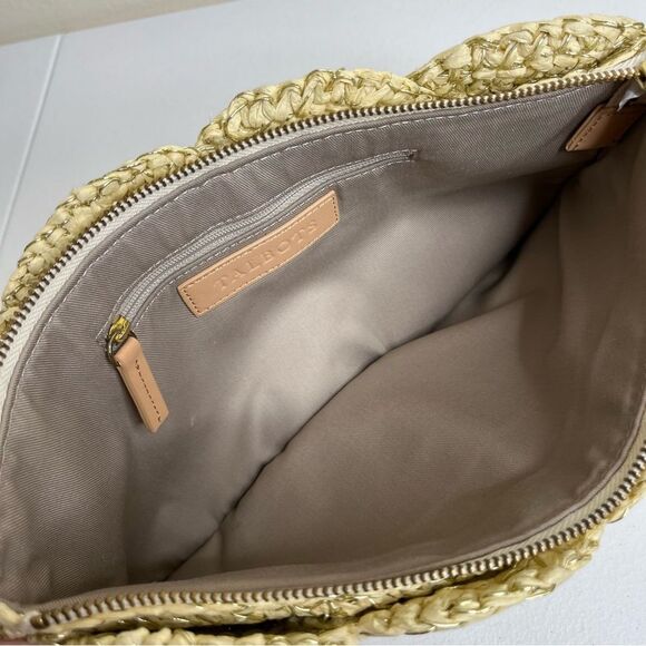Talbots Paper Straw Gold Metallic Tan Leather Trim Top Zip Clutch Bag Strap - Picture 6 of 11